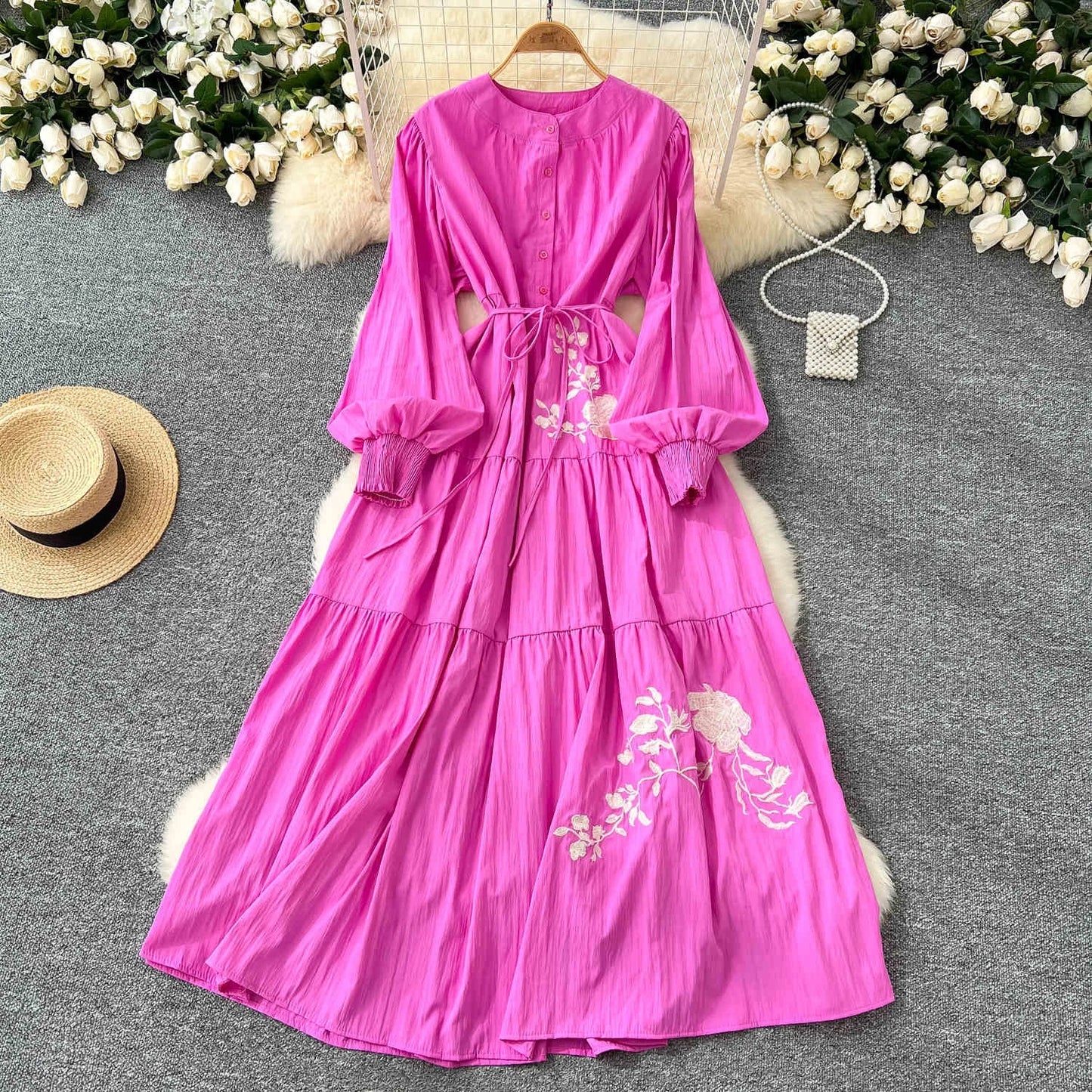 French Vintage Dress Women Flower Embroidery Long Classy Lady Elegant Dress