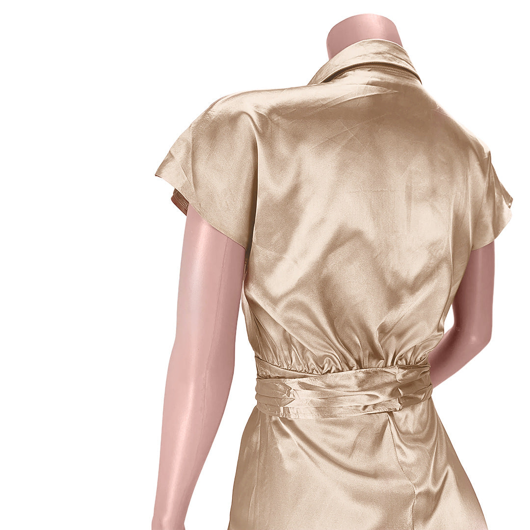 Sexy Ladies Dresses Reflective Silk Pleated Straps Shirt Dress