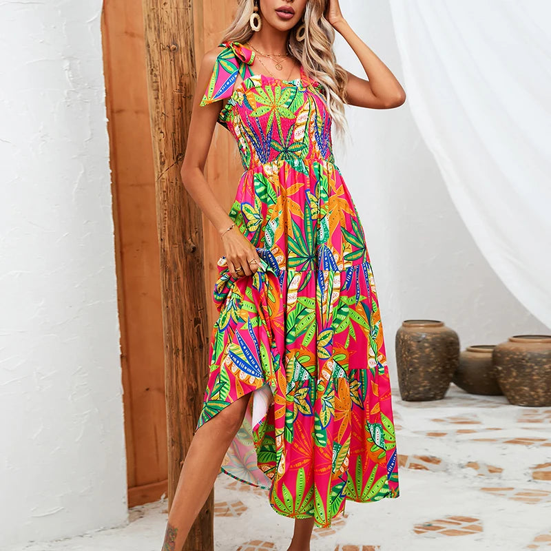 Summer Leaves Print Elastic Chest Dress Woman Elegant Sleeveless Strap Dress
