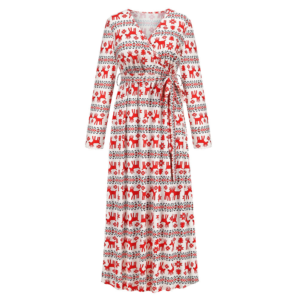 Christmas Print Party Dresses Cute Holiday v Neck Women Fall Elegant Dress