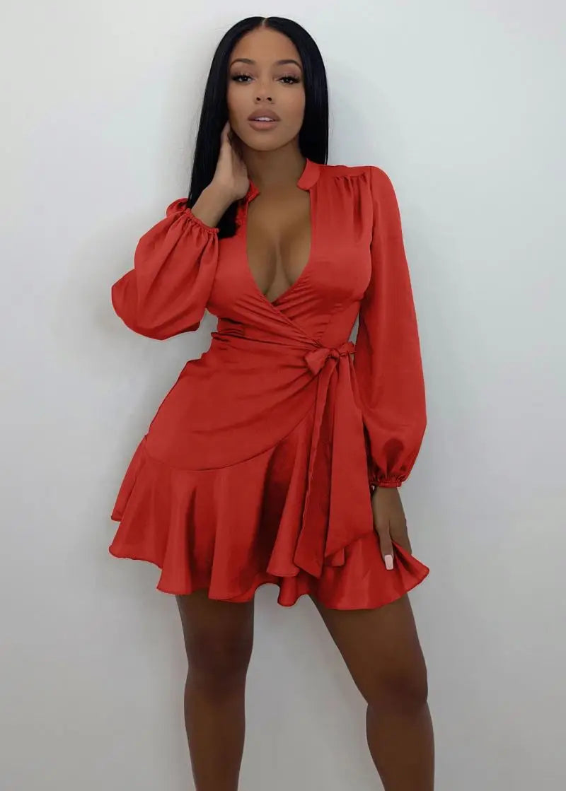 Spring Sexy Dresses V Neck Long Sleeve Ladies Office Dress