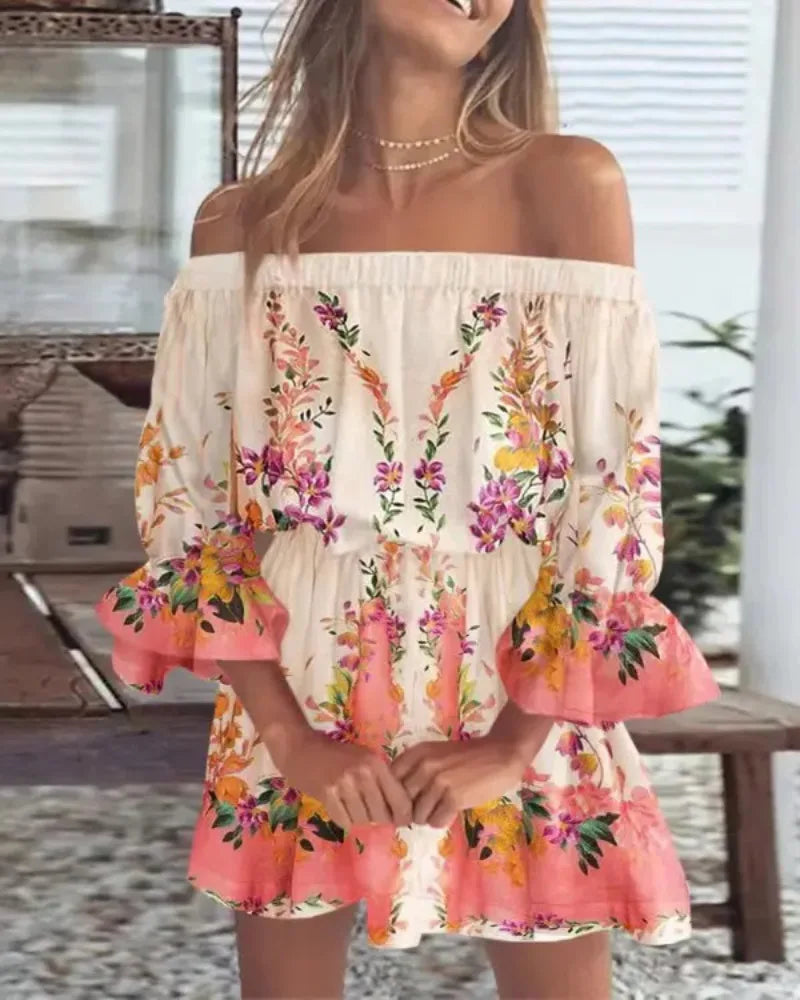 Sexy Off Shoulder Floral Print Flare Sleeve Tunic Dress