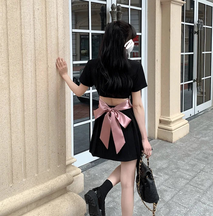 Ladies Summer Casual Short Sleeve Double Breasted Mini Black Dress