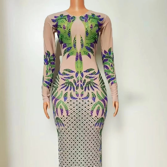 Long Sleeve Mesh Crystal Long Dress