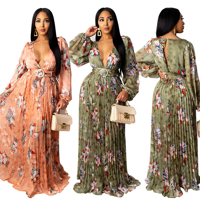 Long Sleeve Maxi Women Casual Deep v Neck Floral Print Maxi Summer Dresses