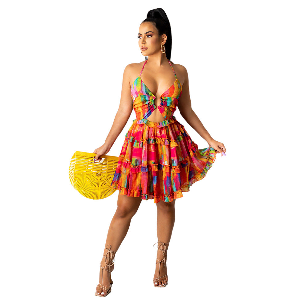 Summer Trendy Outfit Sexy Party Halter Women Hollow Out Print Beach Wear