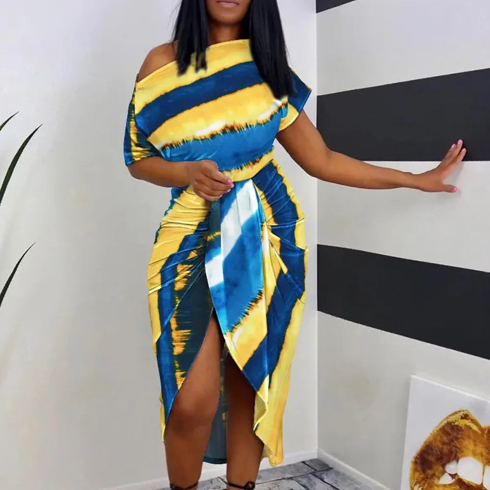 Lady Chiffon Ruffle Maxi Dress Women Printing Elegant Summer Casual Dress