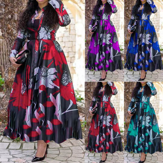 Floral Long Dresses for Woman Lady Elegant Long Sleeve  Casual Dress