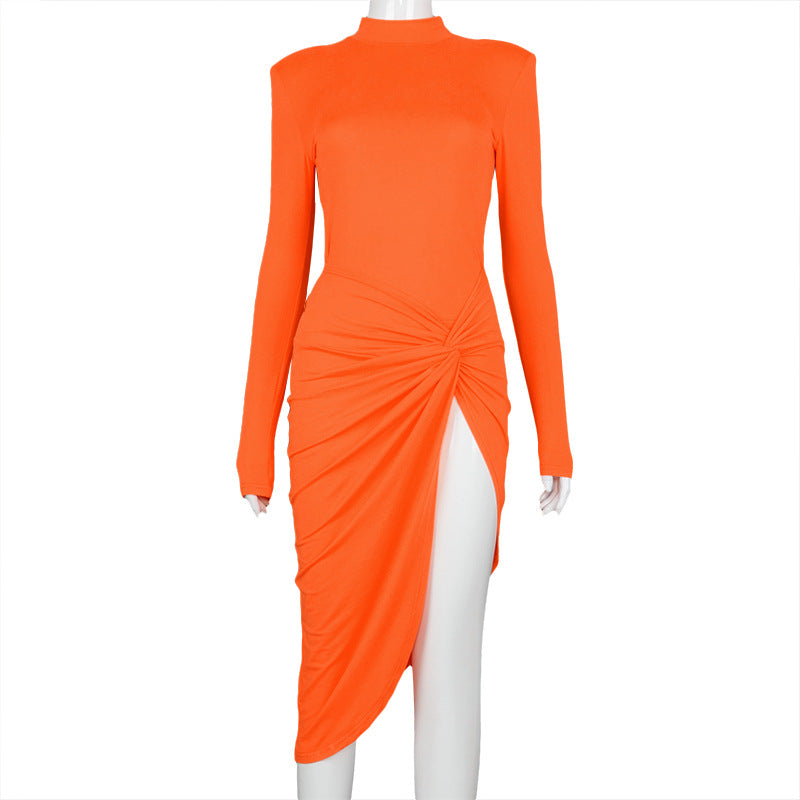 O Neck Long Sleeve Dress Elegant Women Split Dress