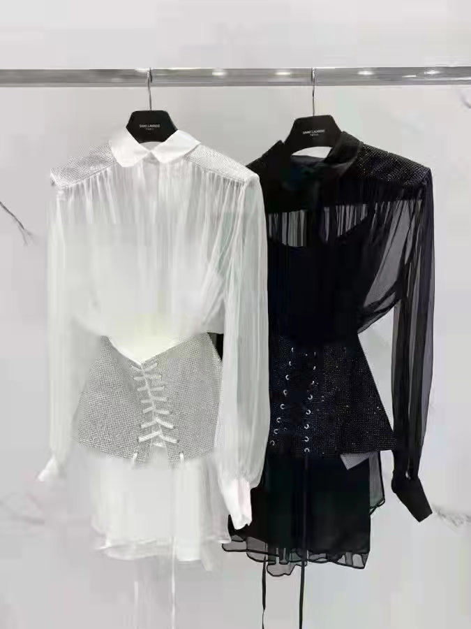 Two Piece Set Summer Mini Dresses Women White Long Puffy Sleeves Dress