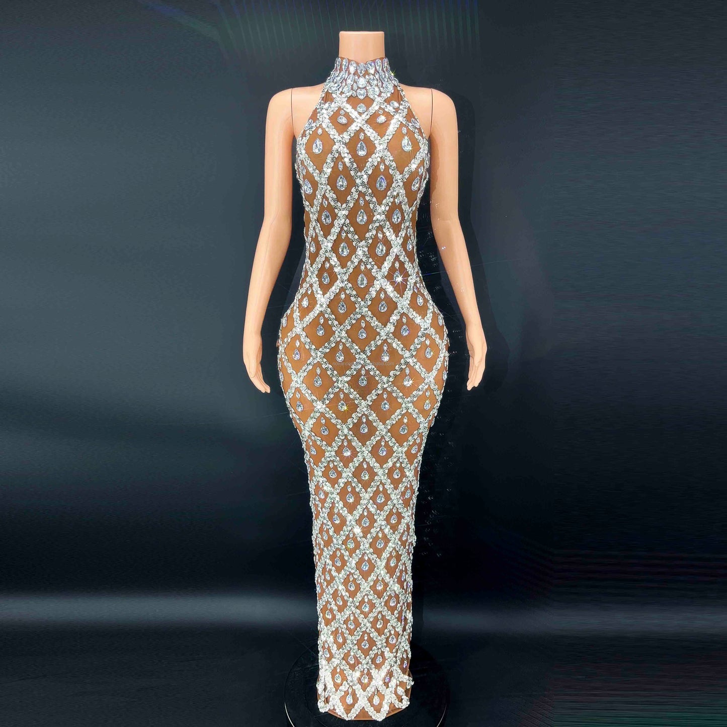 Sparkling Black Diamond Sequin Mesh Backless  Dress