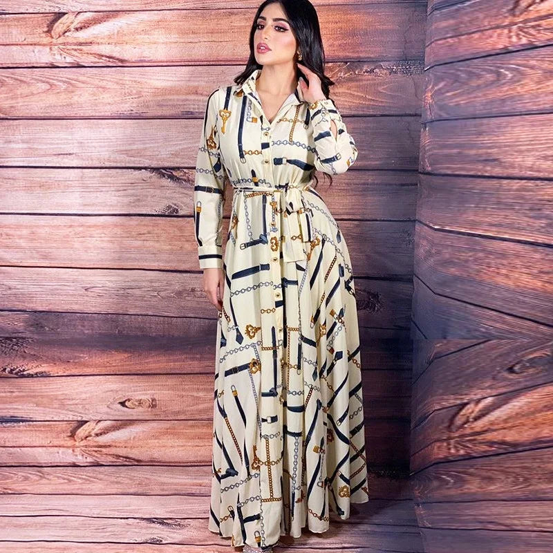 Middle East Multicolor Chain Printed Muslim Shirt Dress Elegant Casual Dress