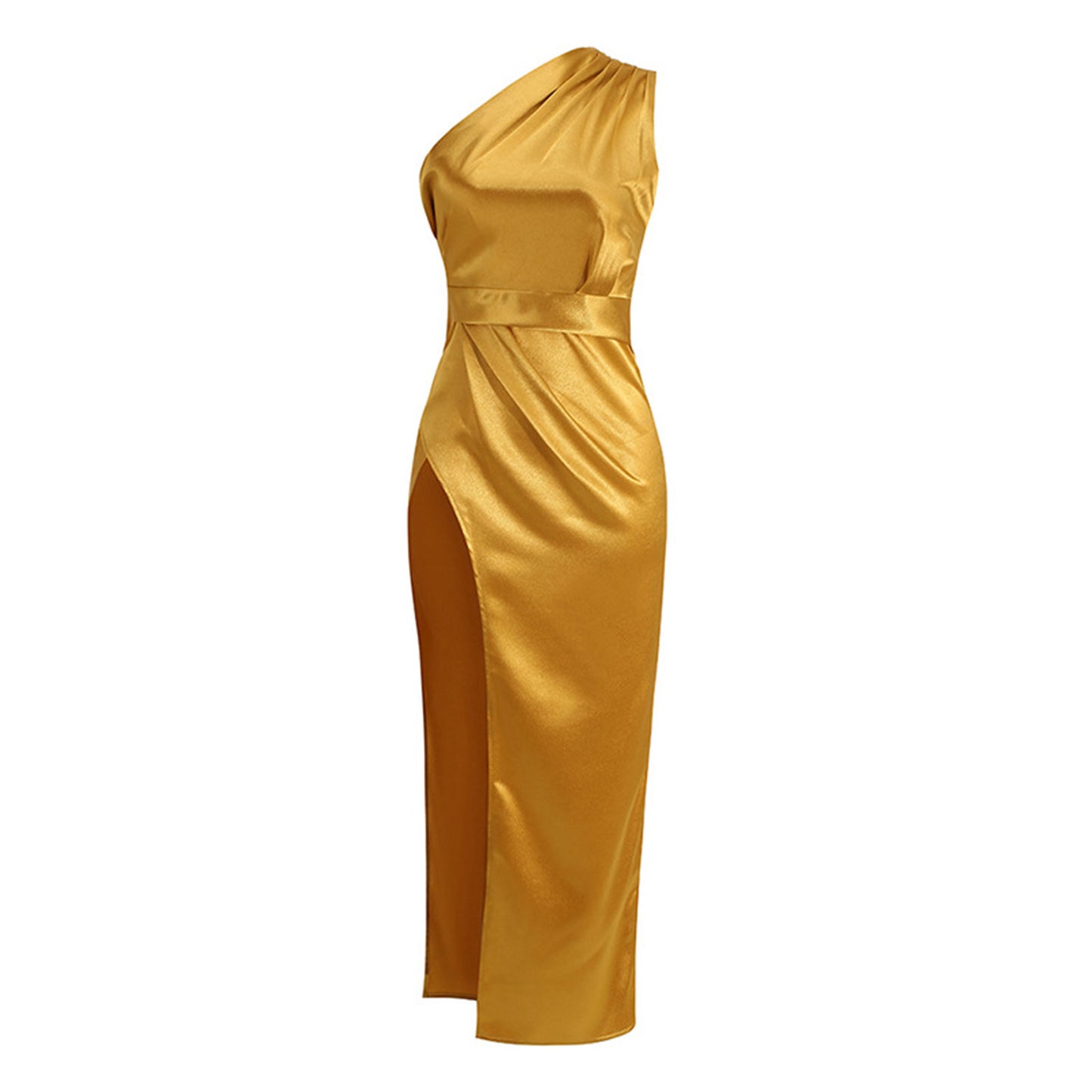 One Shoulder Silk Gold Dress Lady Long Formal Party Elegant Classic Dress