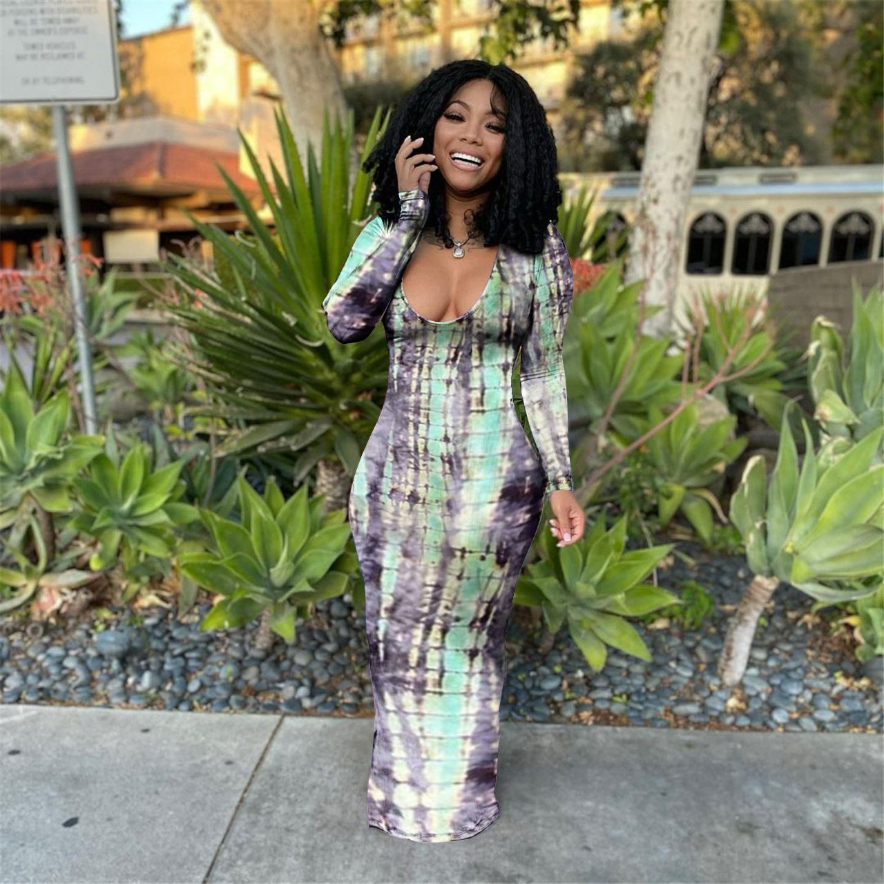 Streetwear Summer Sexy Tie Dye Long Casual Dresses U Neck Long Sleeve Maxi Dress