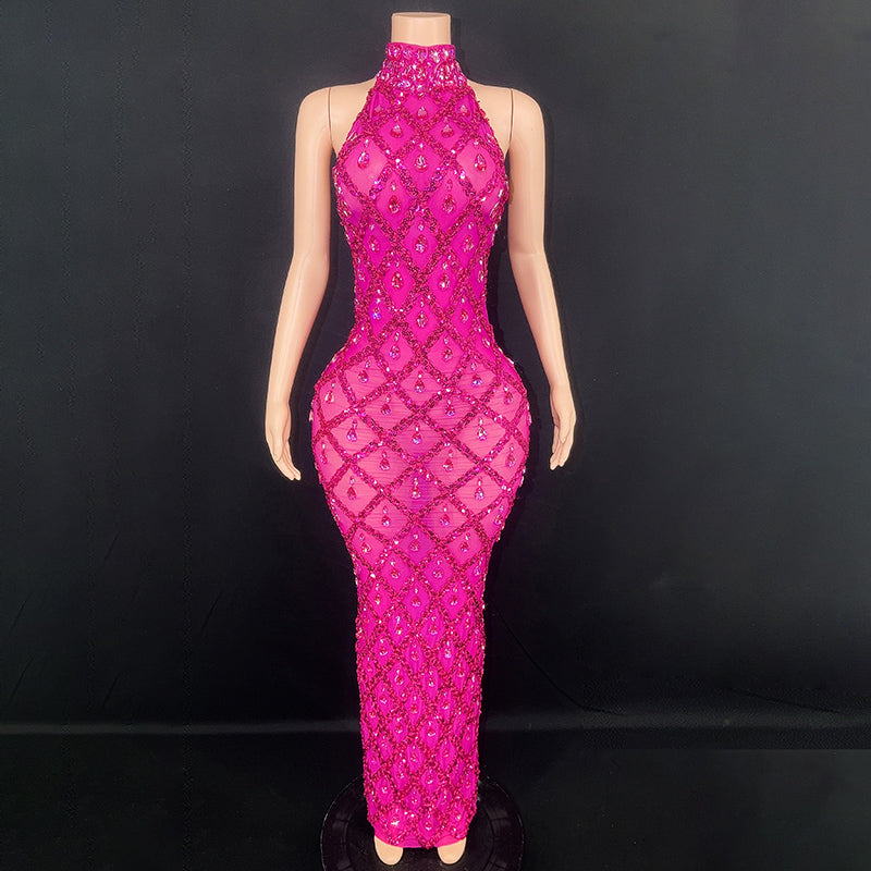 Sparkling Black Diamond Sequin Mesh Backless  Dress