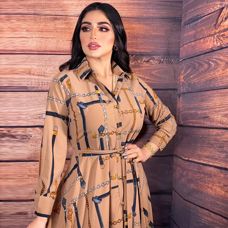 Middle East Multicolor Chain Printed Muslim Shirt Dress Elegant Casual Dress