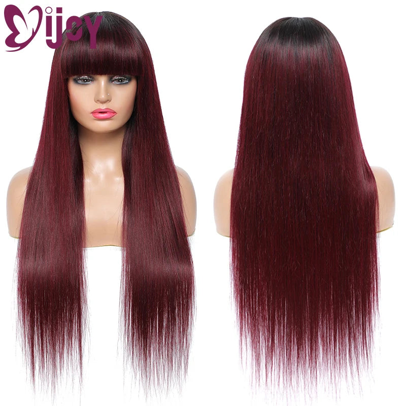 Straight Human Hair Wigs With Bangs/Burgundy Brazilian Remy