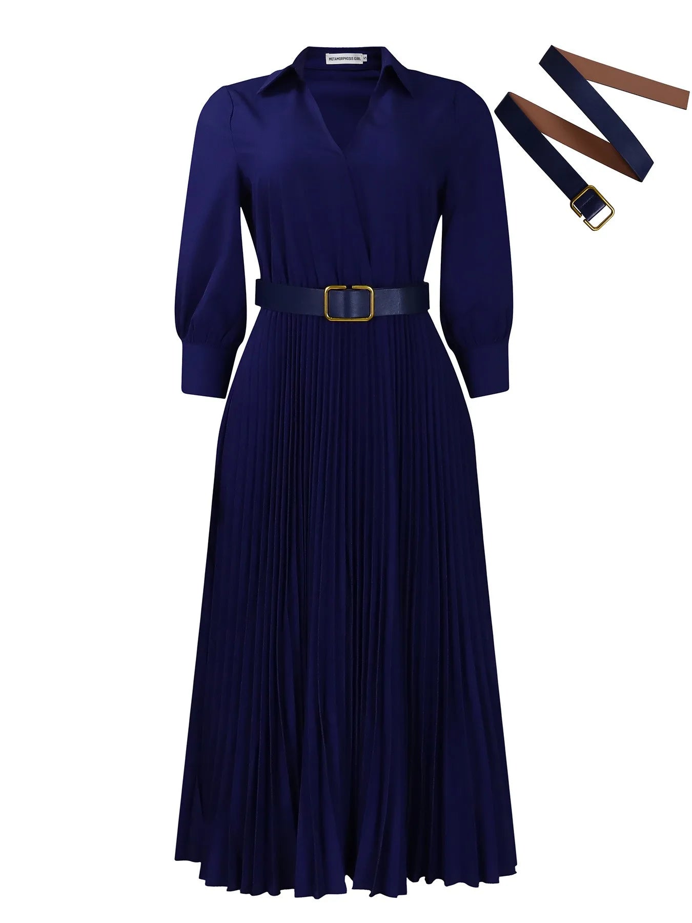 Women Elegant Long Sleeve V-Neck Pleated Office Dress Casual Dresses With Belt