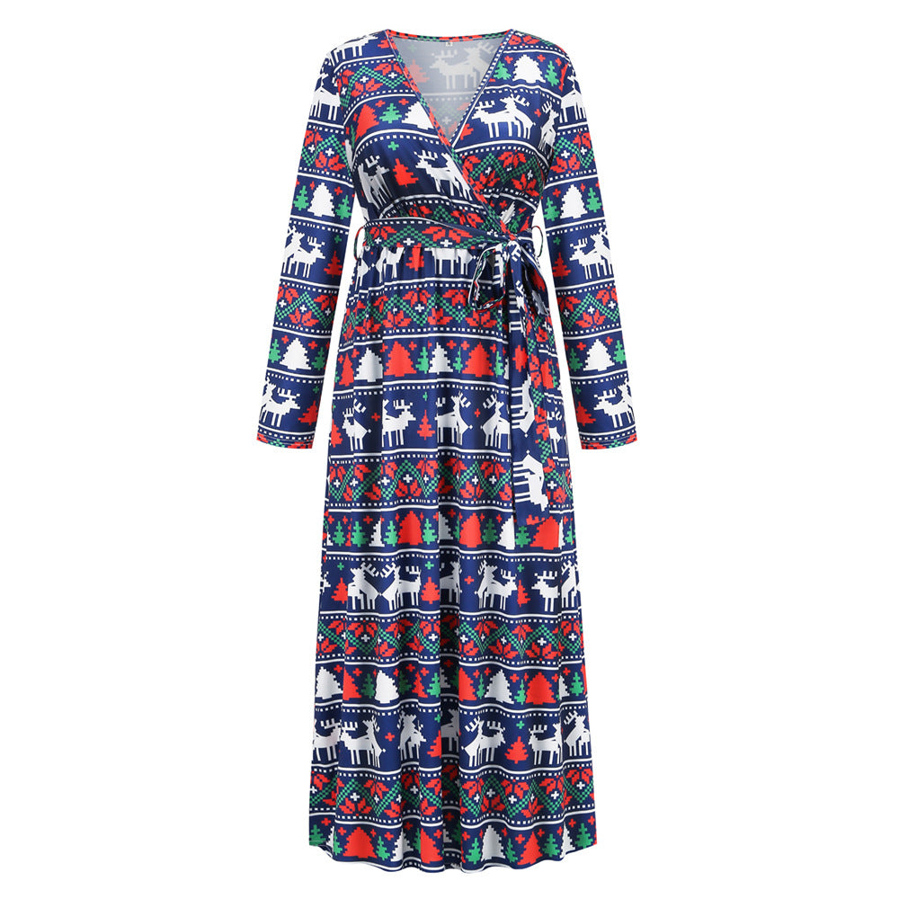 Christmas Print Party Dresses Cute Holiday v Neck Women Fall Elegant Dress