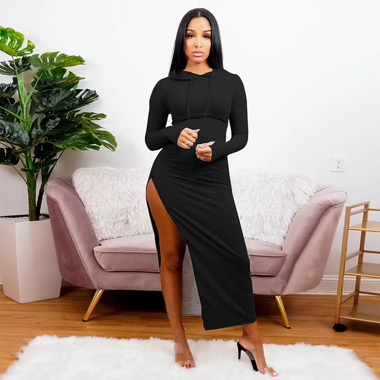 Maxi Styles Casual Full Sleeves Hooded Long High Slit Dress