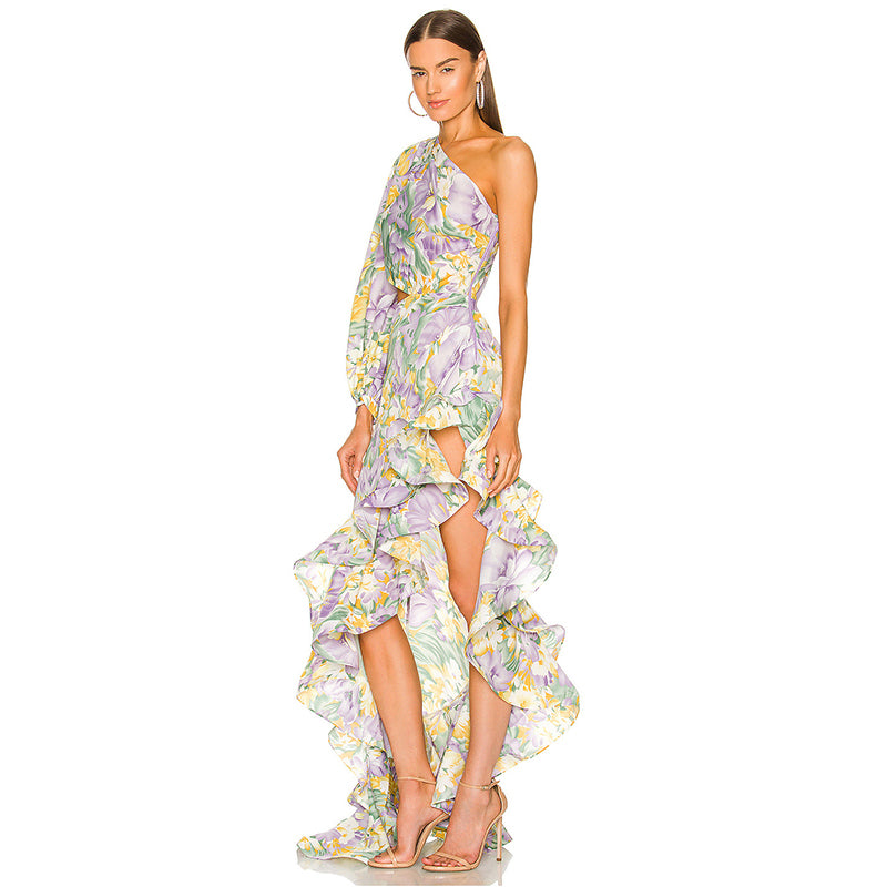 One Shoulder Long Sleeve Women Casual Dress Bohemian Maxi Dresses