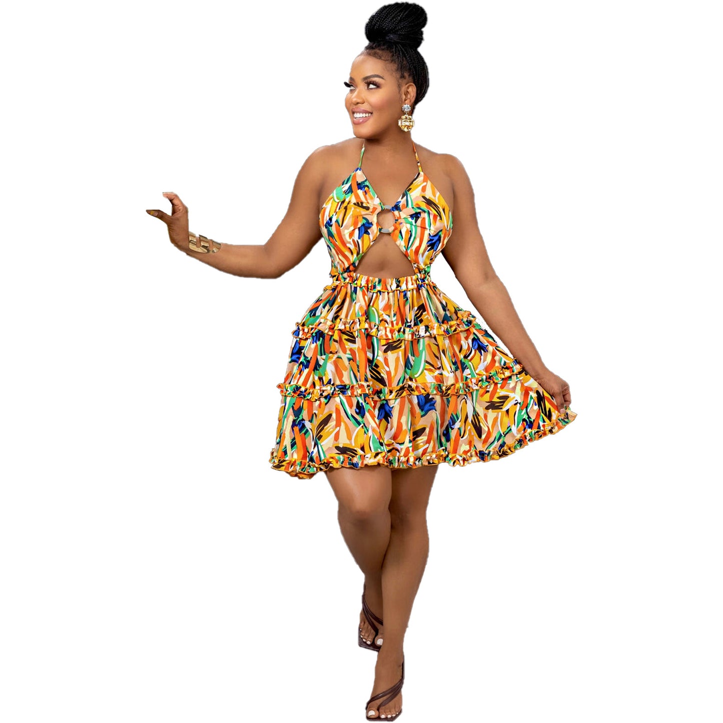 Summer Trendy Outfit Sexy Party Halter Women Hollow Out Print Beach Wear