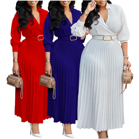 Women Elegant Long Sleeve V-Neck Pleated Office Dress Casual Dresses With Belt