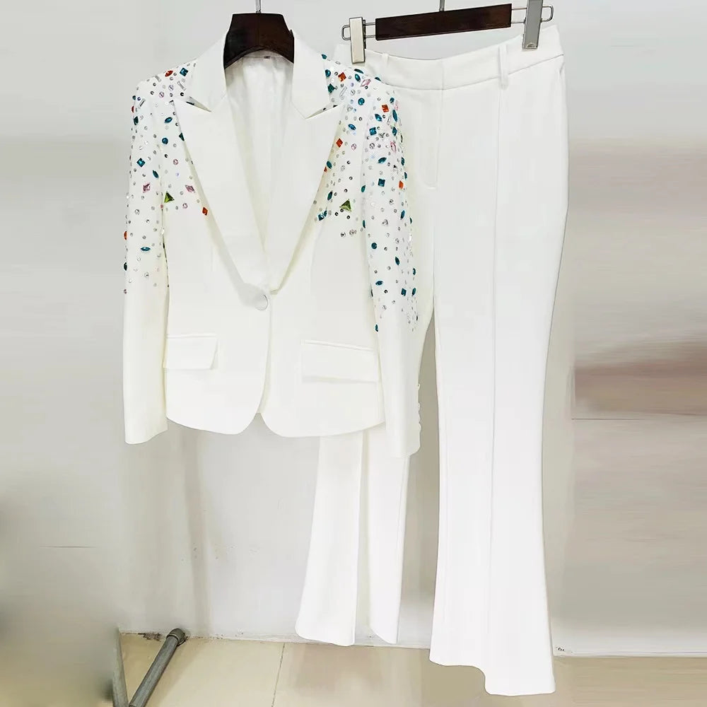 Lady Elegant Women Two Piece Set Long Rhinestone Party Dress