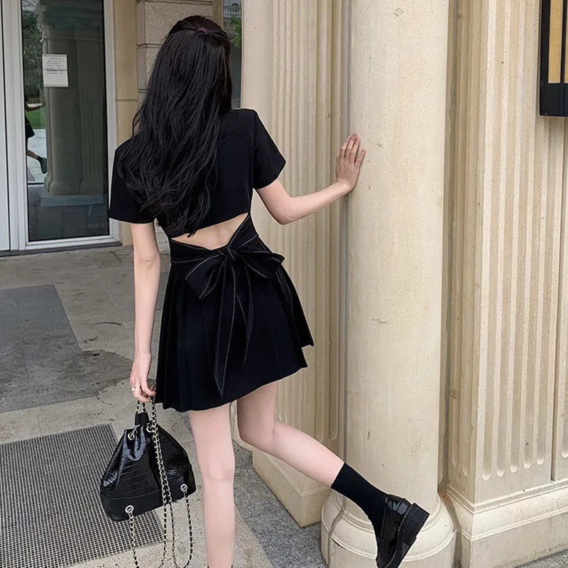 Ladies Summer Casual Short Sleeve Double Breasted Mini Black Dress
