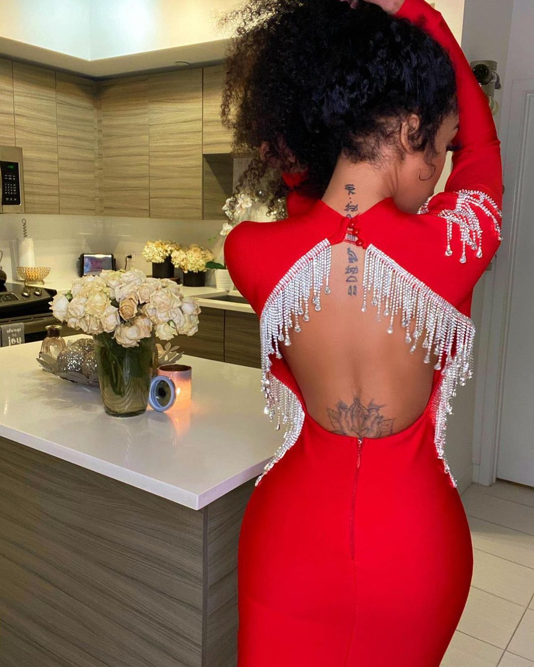 Long Sleeve Backless Diamond Tassel Sexy Women Dress