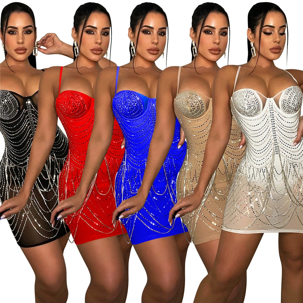 Summer Party Women Evening Elegant Tight Halter Top Sequined Party Dress