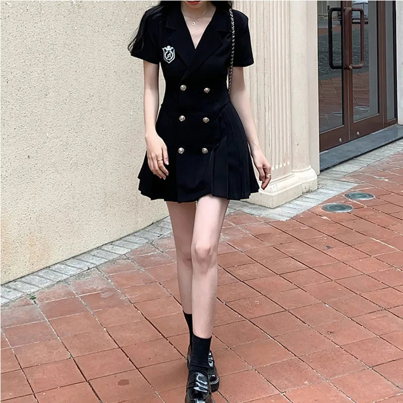 Ladies Summer Casual Short Sleeve Double Breasted Mini Black Dress