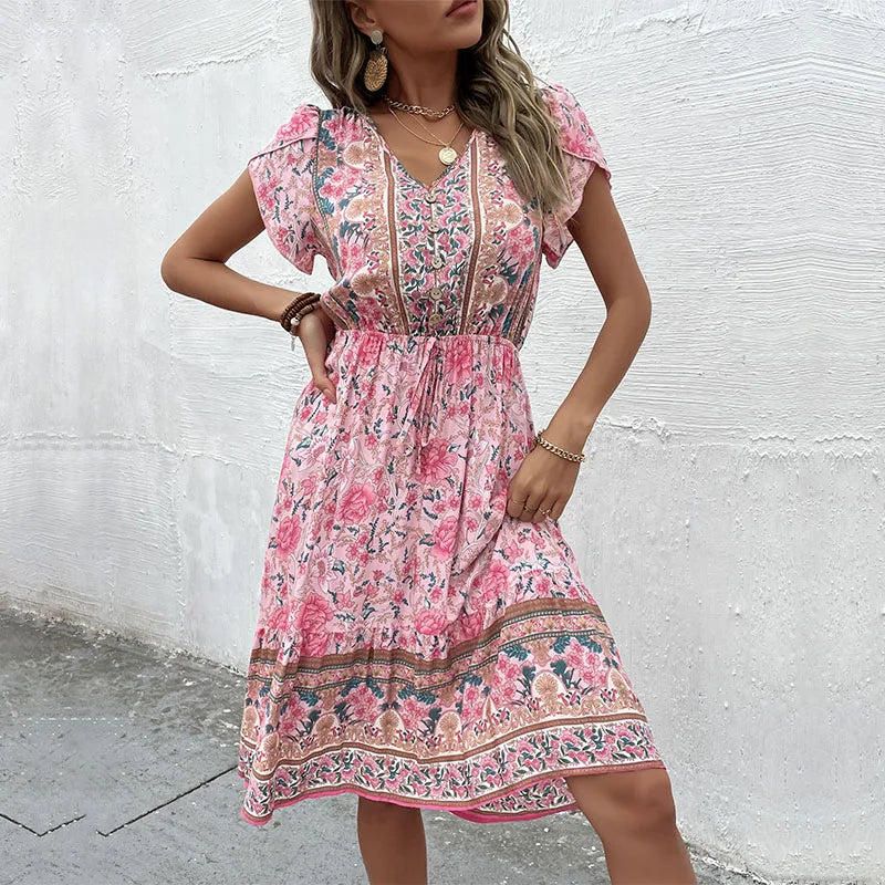Summer Women Casual Floral Print Loose Dresses Midi Beach Bohemian Dresses