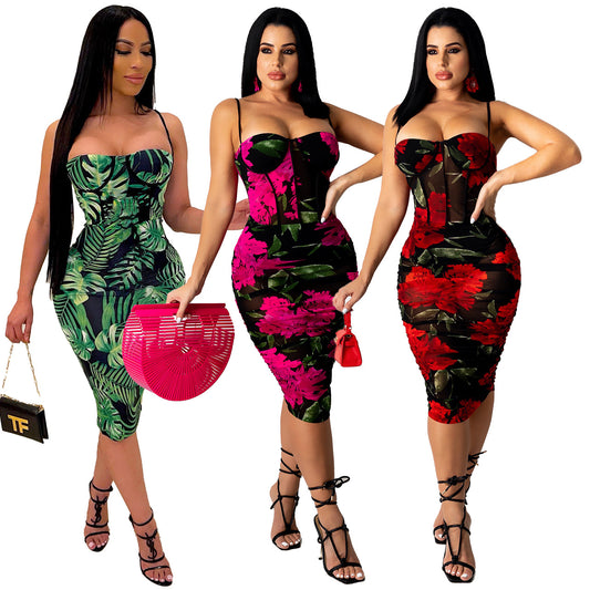 Sexy Flower Print Mesh Dress Women Summer Clothes Mini Casual Dress