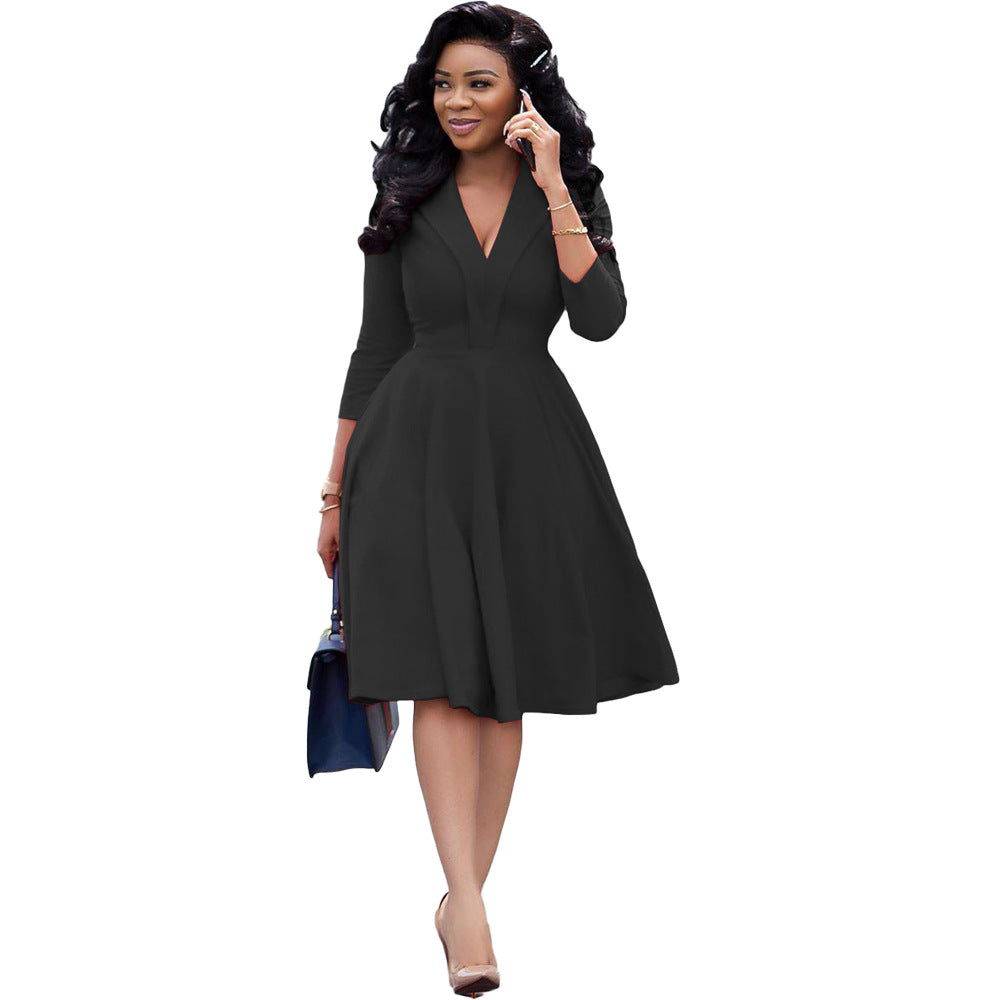 Women Deep v Neck Pleated Long Sleeve Women Dresses Elegant Office Clothing