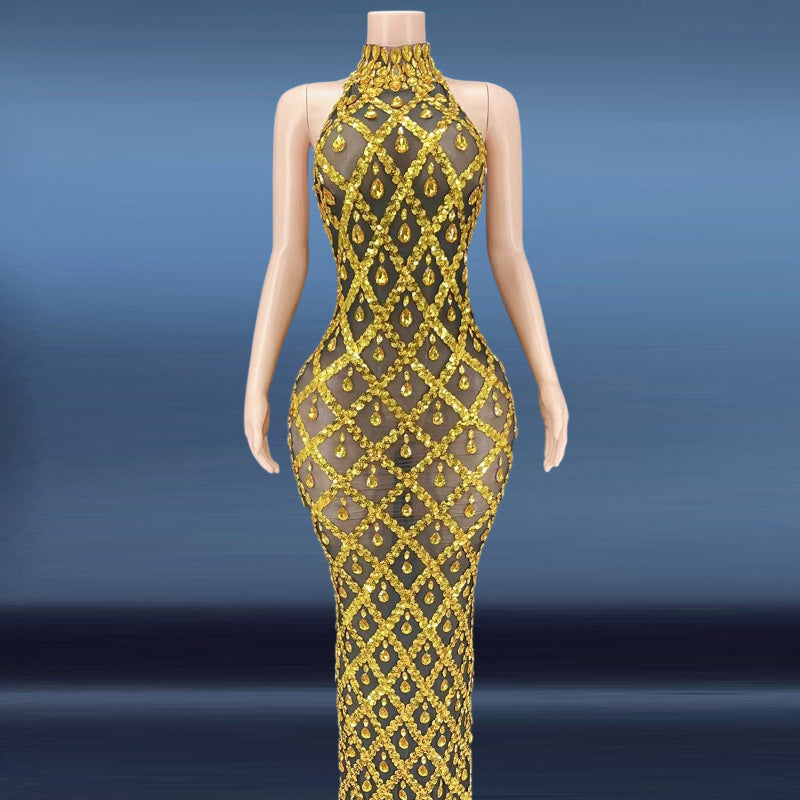 Sparkling Black Diamond Sequin Mesh Backless  Dress