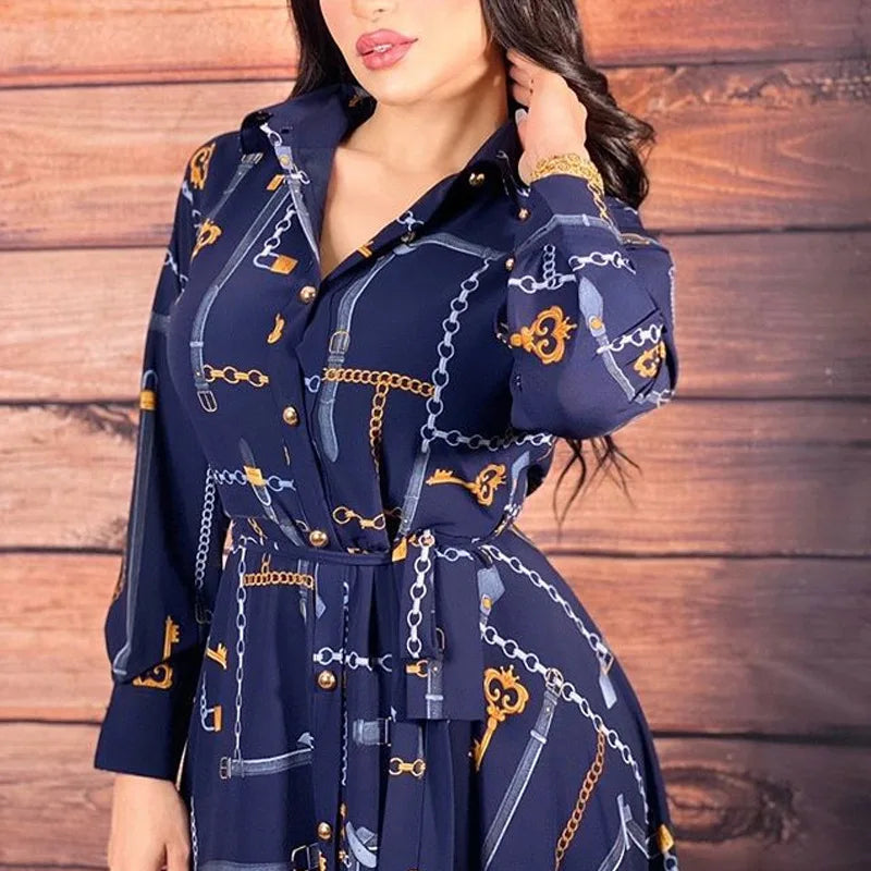 Middle East Multicolor Chain Printed Muslim Shirt Dress Elegant Casual Dress