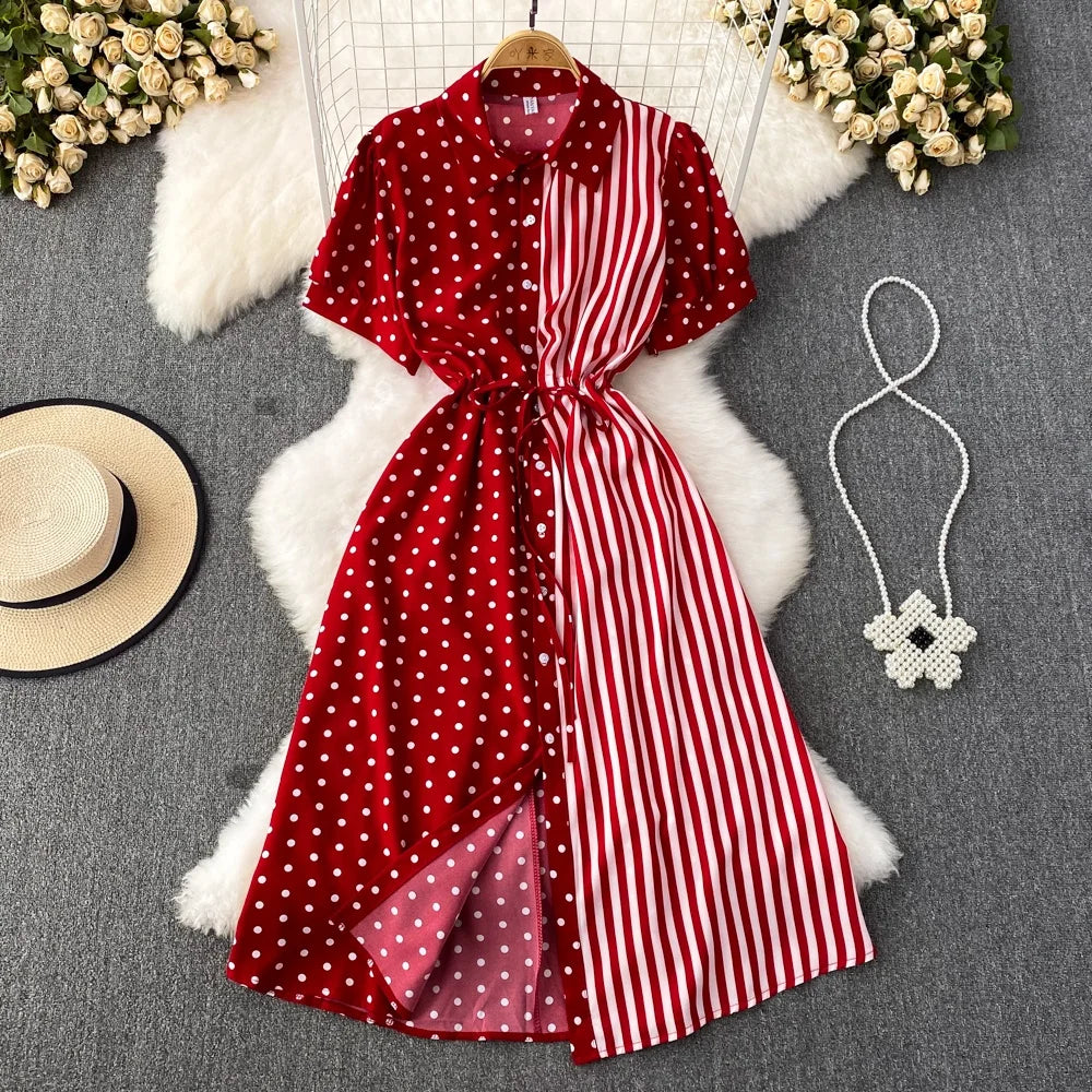 Short Sleeve Elegant Red Shirt Dress