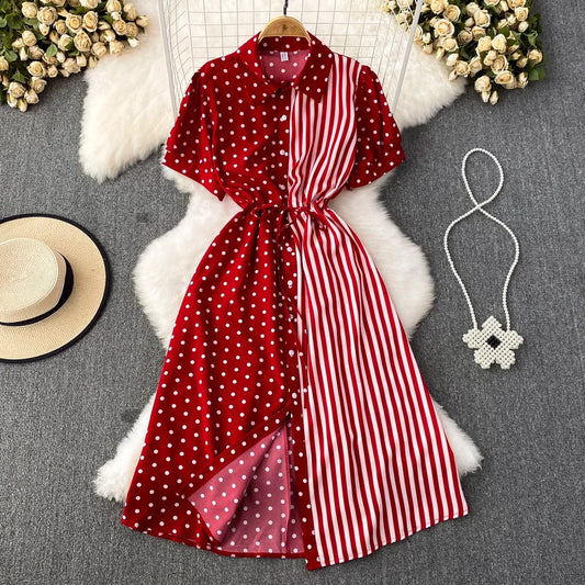 Short Sleeve Elegant Red Shirt Dress
