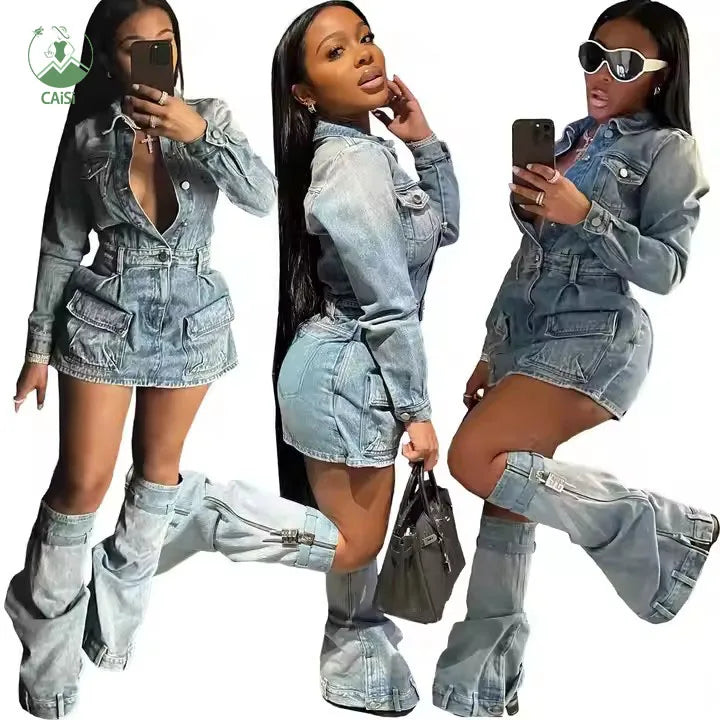 Women's Casual Jeans Denim Dresses Sexy Long Sleeve Jeans Short Dress