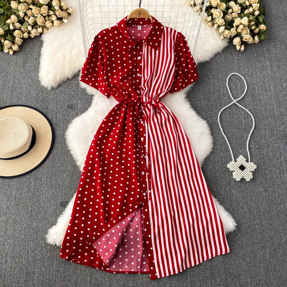 Short Sleeve Elegant Red Shirt Dress