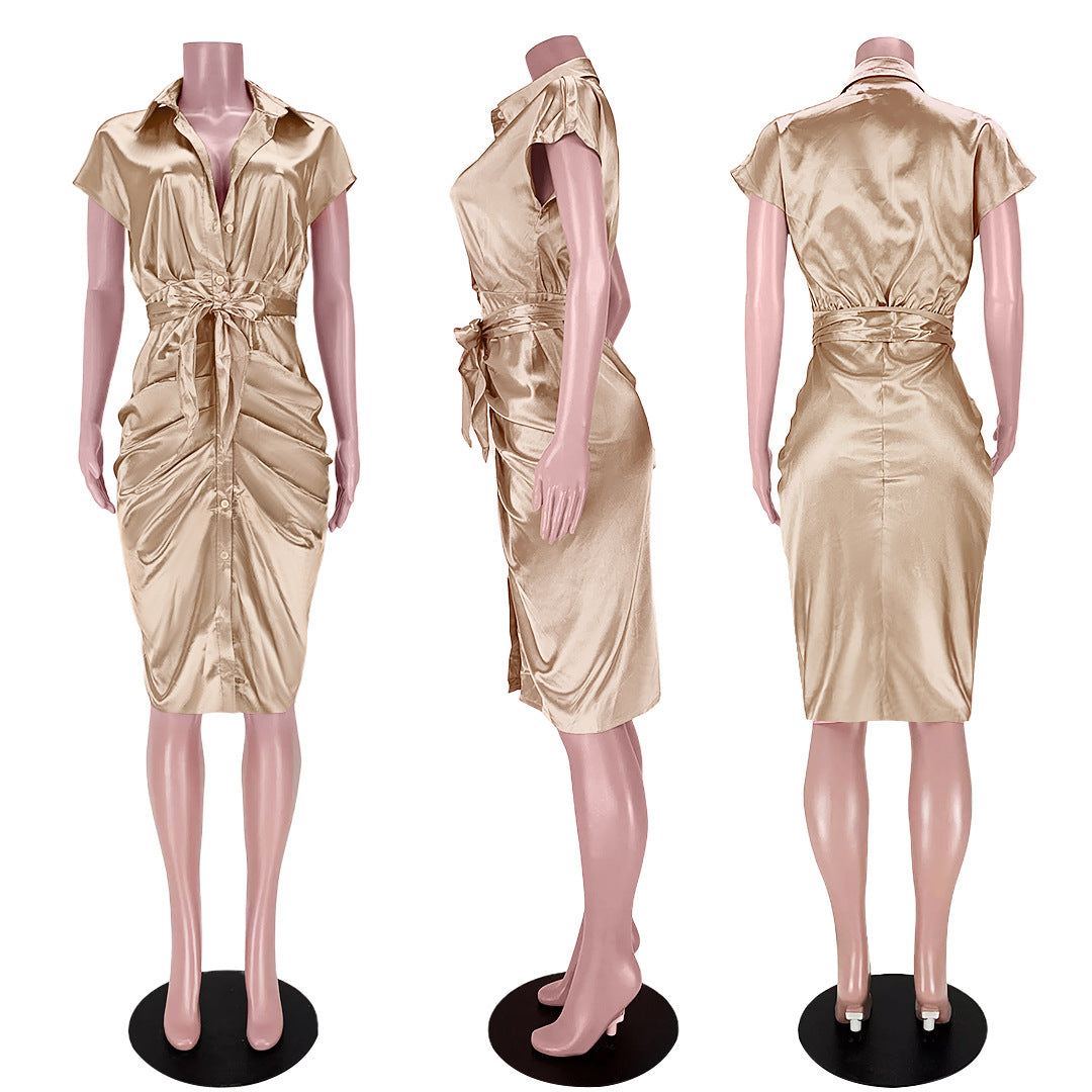 Sexy Ladies Dresses Reflective Silk Pleated Straps Shirt Dress