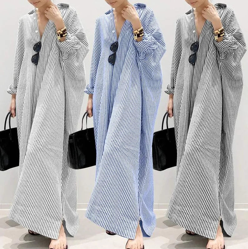 Cotton Linen Dress  Loose Striped Summer Shirt Dress Plus Size