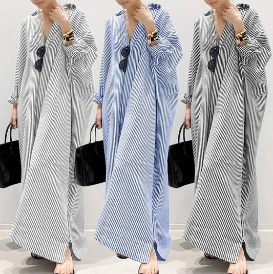 Cotton Linen Dress  Loose Striped Summer Shirt Dress Plus Size