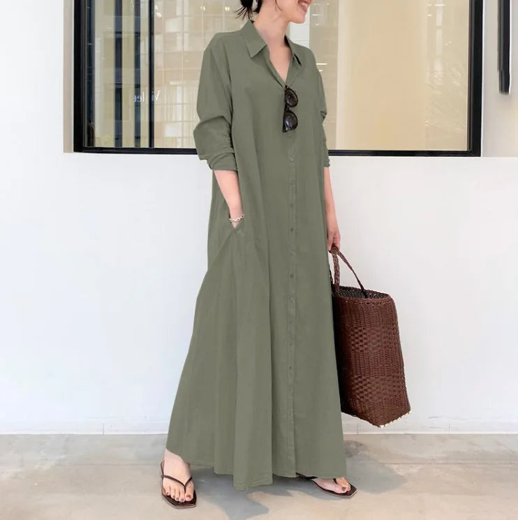 Spring Women Clothing Turn Down Collar Loose Casual Dress