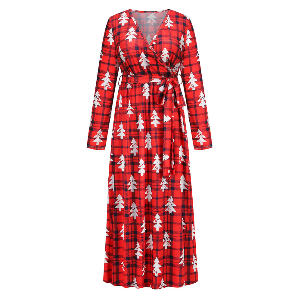 Christmas Print Party Dresses Cute Holiday v Neck Women Fall Elegant Dress