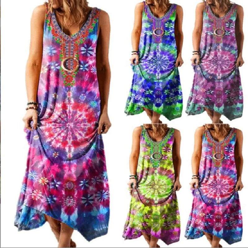 Vintage Tie-Dye Floral Long Maxi Dress Bohemian Style Beach Casual Dress