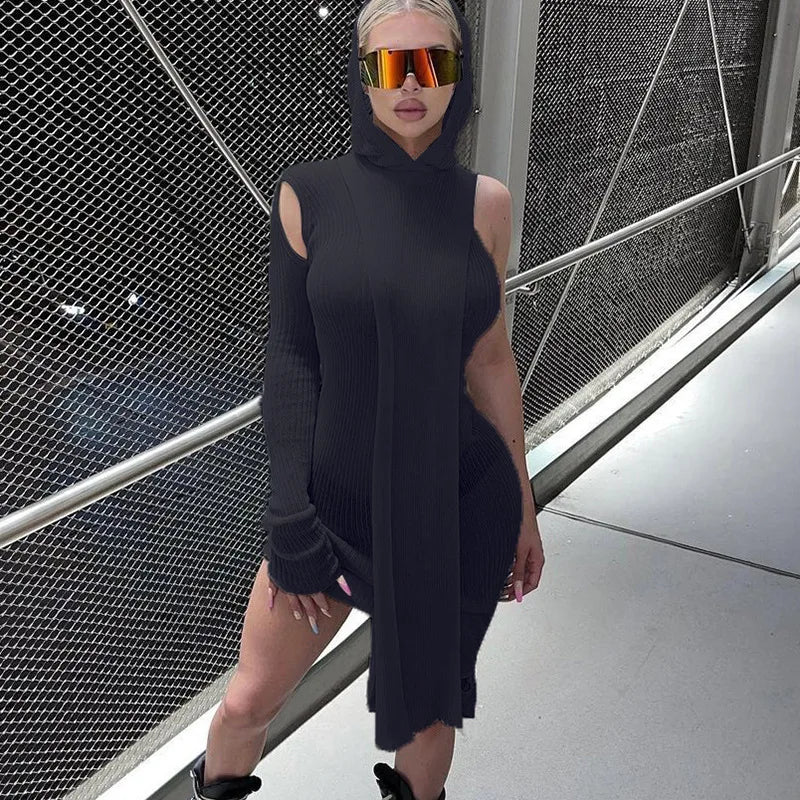 Long Sleeve Dress One Shoulder Casual Hooded Dresses Women