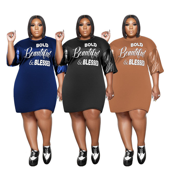 Women Letter Patchwork Leather Dresses for Ladies Plus Size Dress