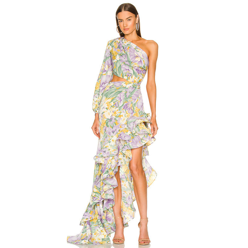 One Shoulder Long Sleeve Women Casual Dress Bohemian Maxi Dresses